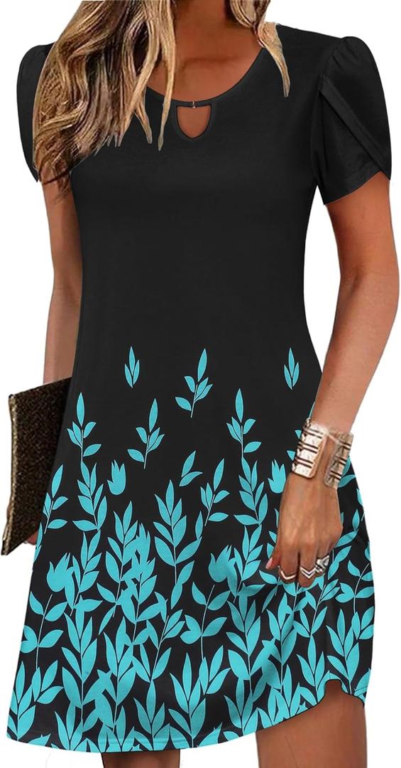 Zeagoo Women's Casual A-Line Dresses with Pockets Summer Floral Tshirt Dress Short Sleeve Mini Dress Flowy Sundresses (Black Blue-printed)