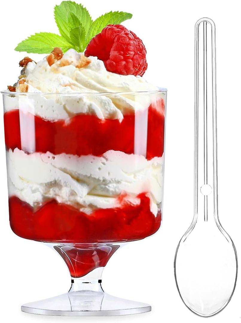 TOFLEN 5 Oz Mini Dessert Cups with Spoons 80 Pcs | Serves 40 | Round Plastic Dessert Goblet Cups for Party Appetizers, Mousse, Pudding, Dessert Shooters Shot Glasses