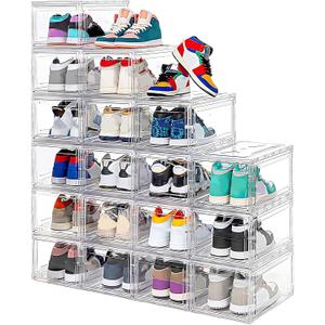 12 Pack Acrylic Clear Shoe Boxes– Ultra Clear Plastic Stackable Sneaker Storage For Sneakerhead. Professional Grade Shoe Display Case with Magnetic Door .Boots and Hat Organizer.Fits US Size 15