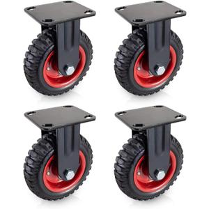 POWERTEC 8 Inch Caster Wheels Set of 4, Heavy Duty Fixed Plate Casters with Rubber Knobby Tread for Workbench, Dolly, Cart, Trolley, Wagon and Chicken Coop, Large Rubber Castor Wheels (17053-P4)