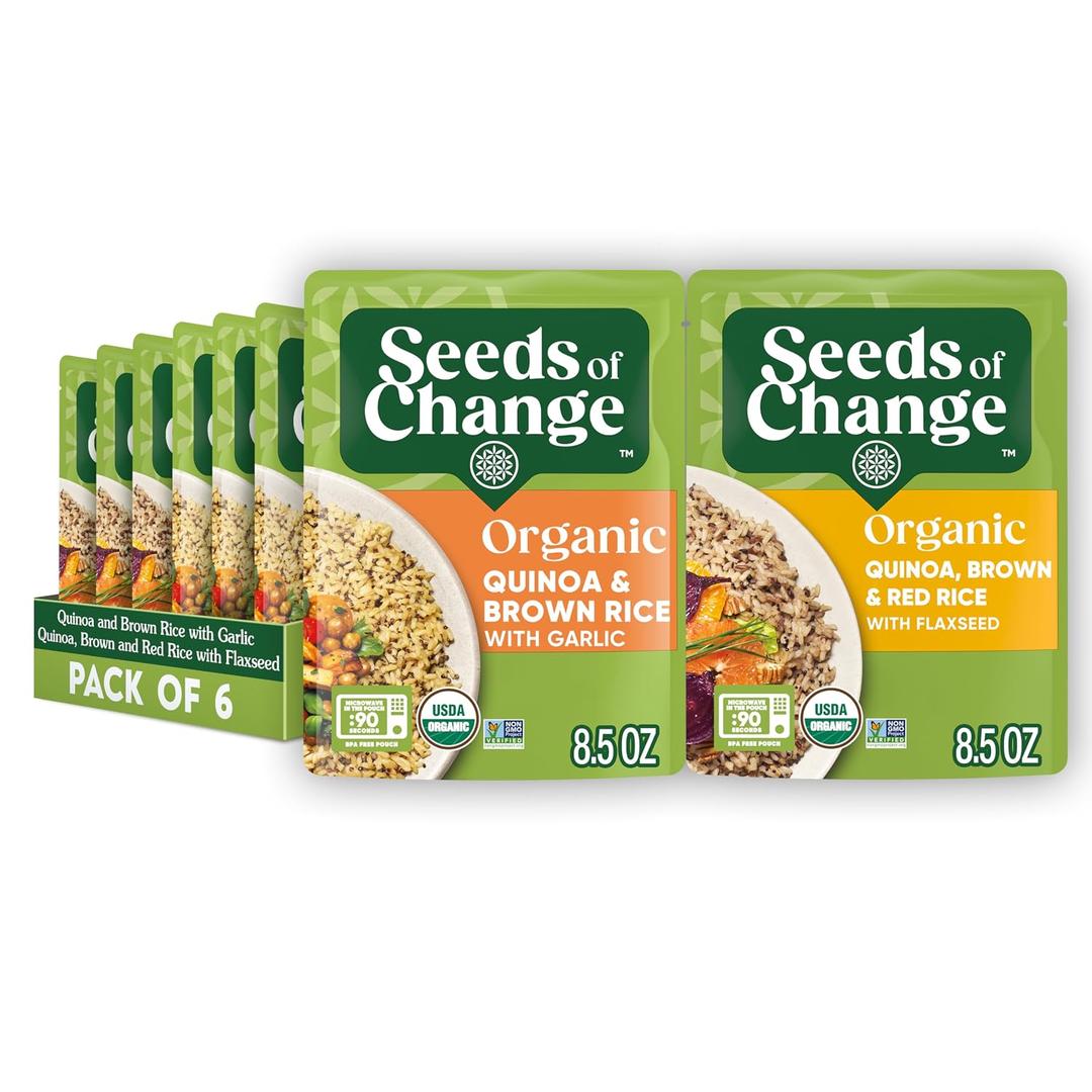 SEEDS OF CHANGE Organic Rice Variety Pack Quinoa and Brown Rice with Garlic & Quinoa Brown & Red Rice with Flaxseed, Microwaveable Ready to Heat, 8.5 Ounces (Pack of 6) (EXP 05/01/27)