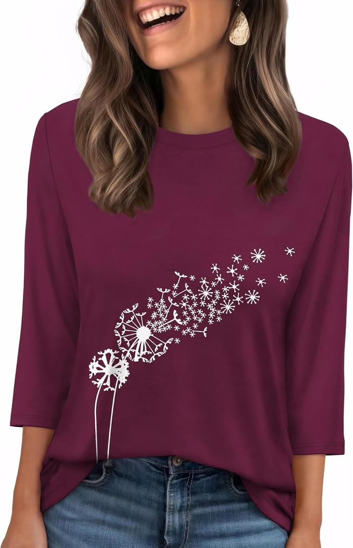 WIHOLL Womens 3/4 Length Sleeve Tops Crewneck Graphic Tees Casual Tunic Tops to Wear with Leggings Fashion Clothing Outfits (Purple, M)