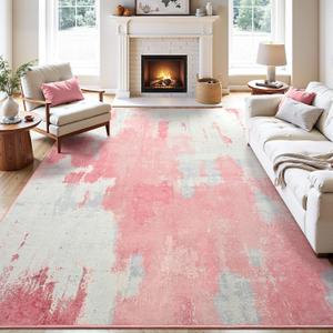 Kelarea Washable Area Rug 8x10, Non-Slip Low Pile Abstract Pink | Water & Stain Resistant, Pet Friendly, Easy Clean, Ultra Soft, for Living Room, Bedroom, Nursery, Ofiice