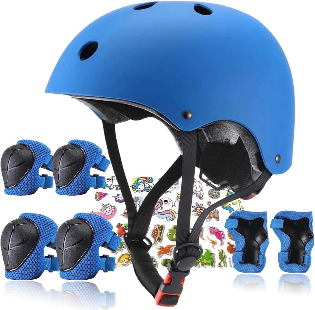 FOOKCIAN Kids Helmet,Toddler Skateboard Helmets for Ages 2-3-5-8-14 Years Boys Girls with Knee and Elbow Pads Wrist Guards fit Roller Skates,Skateboarding,Skating Scooter Adjustable Kids Helmet (Blue)
