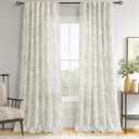 Green Floral Curtains 108 inch Length Back Tab Farmhouser Living Room Light Filtering Curtains Green Pattern Print on Cream White Linen Curtain Minimalist Aesthetic Sketch Style Vintage Room Decor
