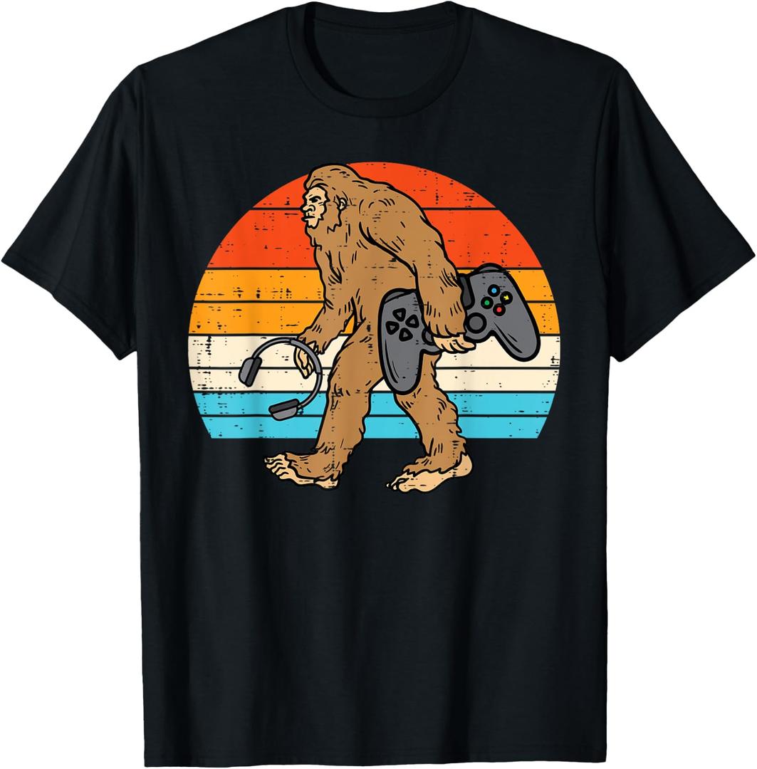 Bigfoot Sasquatch Gamer Retro Gaming Men Boys Kids Teens T-Shirt, XL