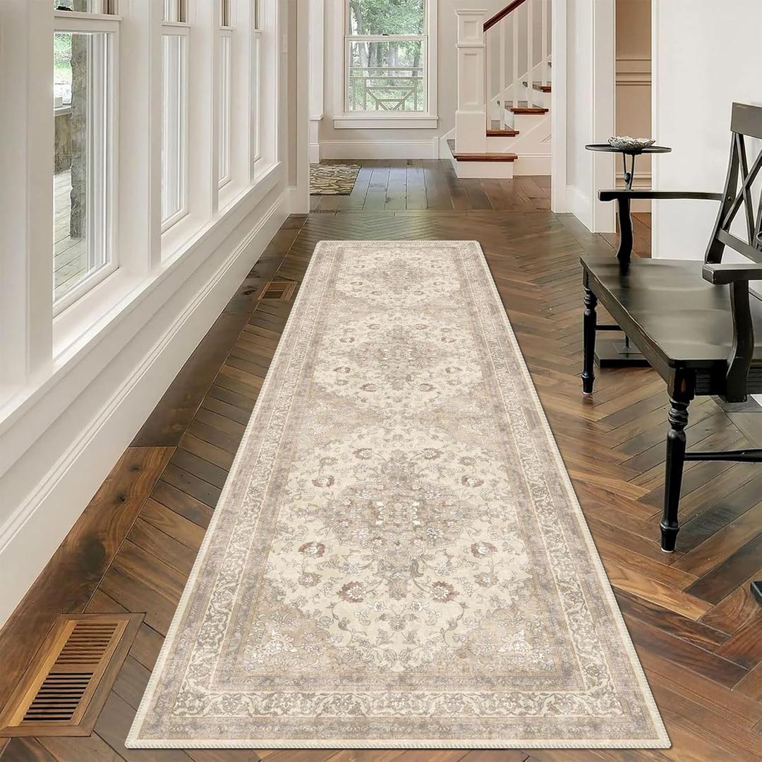 vivorug Runner Rug 2'x8' Vintage Floral Washable Non-Slip Runners for Hallways Kitchen Entryway Laundry Room Carpet Hallway Runner Beige