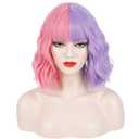 PATTNIUM Pink Purple Wig Short Curly Half Pink Half Purple Wig with Bangs Split Two Color Wigs for Women Girls Heat Resistant Synthetic Hair Cosplay Costume Wigs (Pink and Purple), Size S