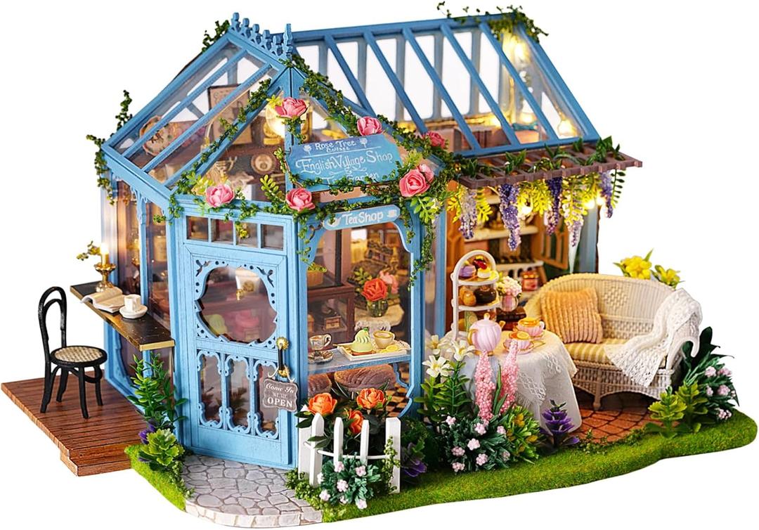 CUTEROOM Dollhouse Miniature with Furniture, 3D Wooden Miniature Doll House with Music Box & LED Lights,1:24 Scale DIY House Kit (Rose Garden Tea House)