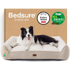 Bedsure SupportMax Orthopedic Dog Beds Large Sized Dog - Extra Thick Supportive Large Dogs Bed with Waterproof Washable Cover, L Plus Comfort Pet Sofa with Soft Sherpa and Nonskid Bottom, Beige, 38"