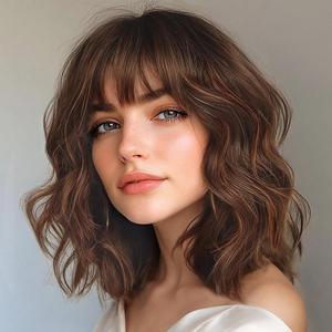 Lativ Brown Wigs with Bangs Bob Curly Wavy Highlight Hair with Dark Roots Short Wig for Women Natural Synthetic Fiber Shoulder Length for Cosplay Daily Use