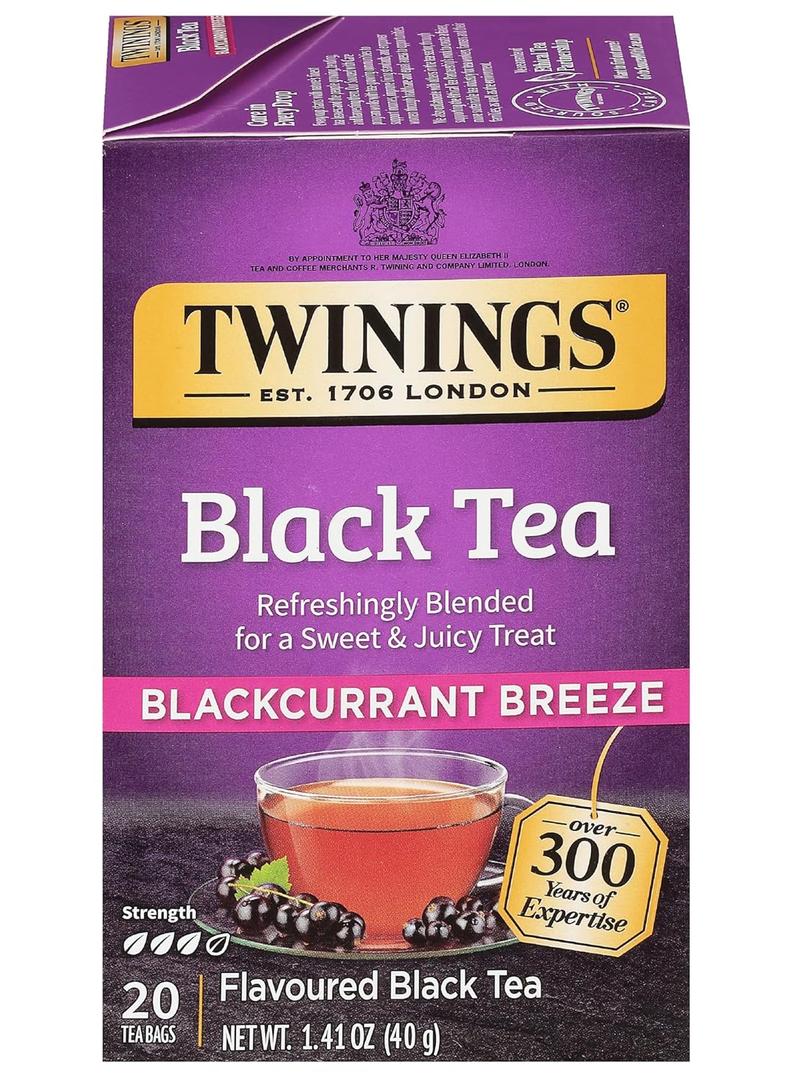 Twinings of London Premium Blackcurrant Breeze Black Tea, Strong and Distinctive Black Tea, Sweet and Tangy Black Currant Tea Taste, 20 Tea Bags (EXP 06/05/28)