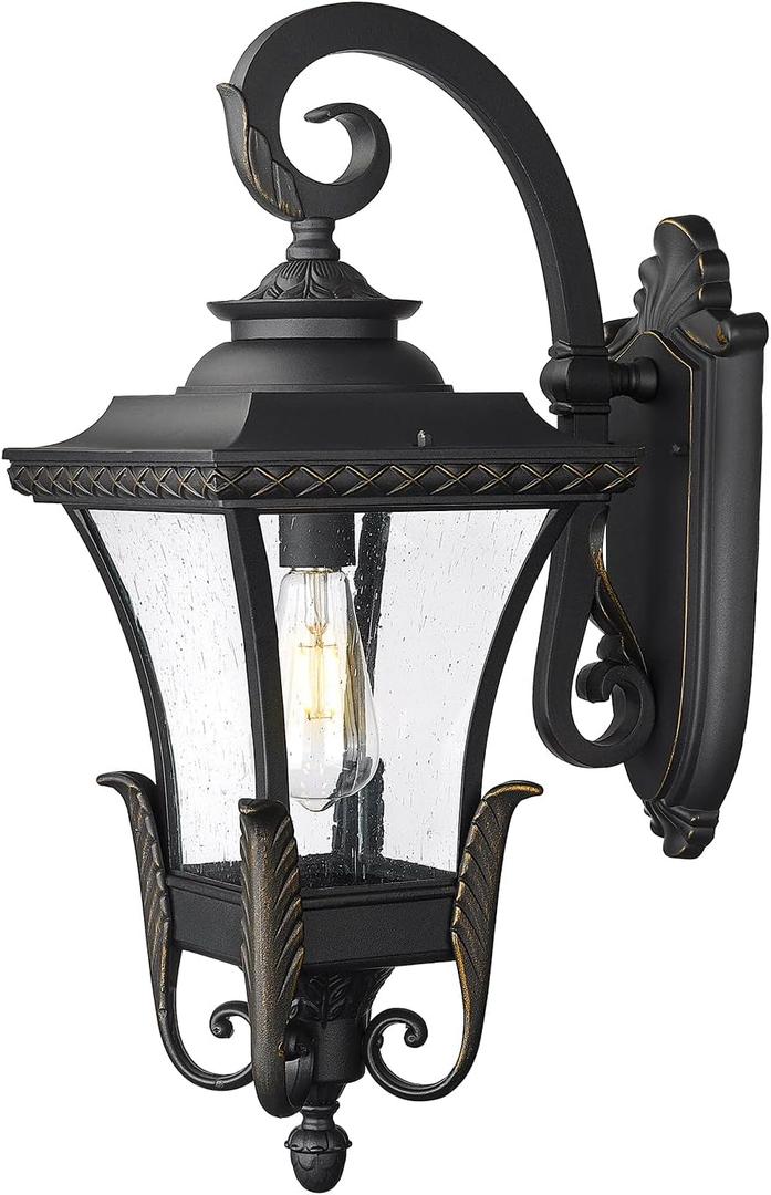 Emliviar 1-Light Farmhouse Outdoor Porch Light, 23.6 Inch Exterior Wall Mount Lamp for House Garden, Black Finish in Seeded Glass, XE291BM BG (Medium)