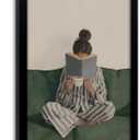 Framed Trendy Women Reading Book Wall Art Quiet Moment on The Sofa Art Prints Green Striped Painting Picture Modern Women's Minimalist Pictures Artwork for Living Room Bedroom Home office Wall Decor, 16"L x 12"W