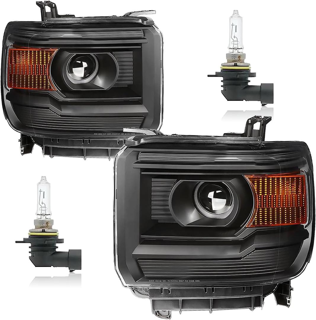 Headlights for 2014-2018 GMC Sierra 1500/2015-2019 GMC Sierra 2500HD 3500HD Headlamp Replacement, High/Low Beam W/Bulbs, Driver & Passenger Side