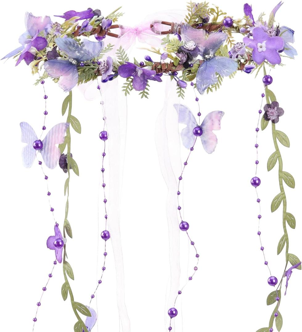 MOSTORY Fairy Flower Headpeice for Women, Woodland Elf Crown with Butterfly and Vines for Fairy Costume Renaissance Cosplay