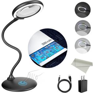 5X Rechargeable Magnifying Glass with Light and Stand, Raweao Dimmable Lighted Magnifying Lamp Glass for Reading, Close Work, Hobbies, Crafts