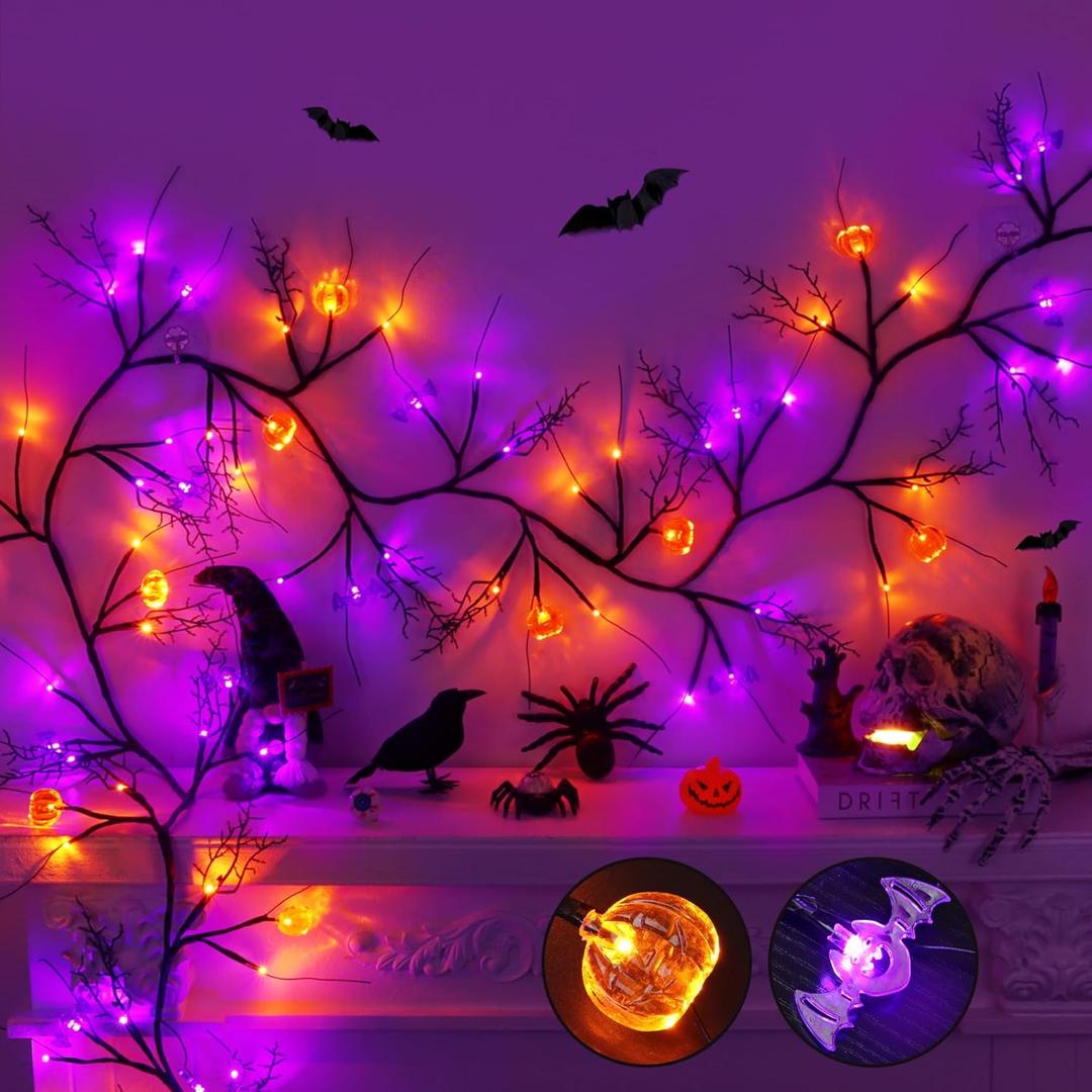 9FT 72 LED Halloween Garland with Lights Lighted Black Willow Vine Decorations with 12 Pumpkin & 12 Bat Light, 8 Modes Battery Operated Halloween Lights Indoor Spooky Decor for Fireplace Mantel Wall