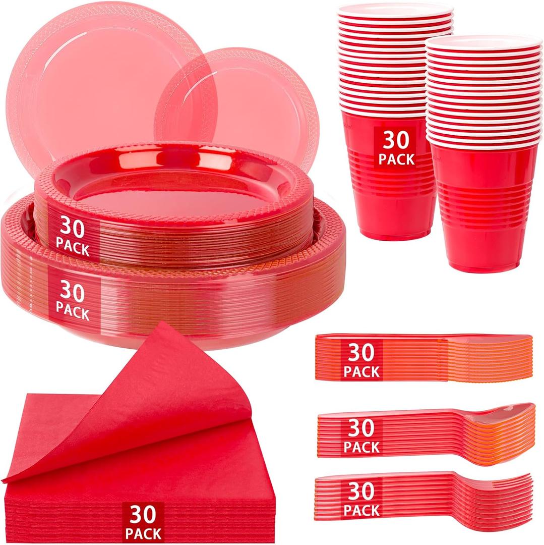 WELLIFE 210Pcs Red Plastic Plates,Clear Red Plastic Dinnerware Set,Party Supplies Including Clear Plates, 12OZ Cups, Disposable Cutlery and Paper Napkins Serve 30 Guests, Disposable Plates for Party