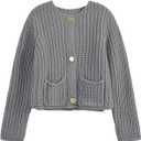 Saodimallsu Womens Button Up Sweaters Fall Chunky Knit Cropped Trendy Crewneck Loose Cardigan with Pockets (X-Large, Grey)