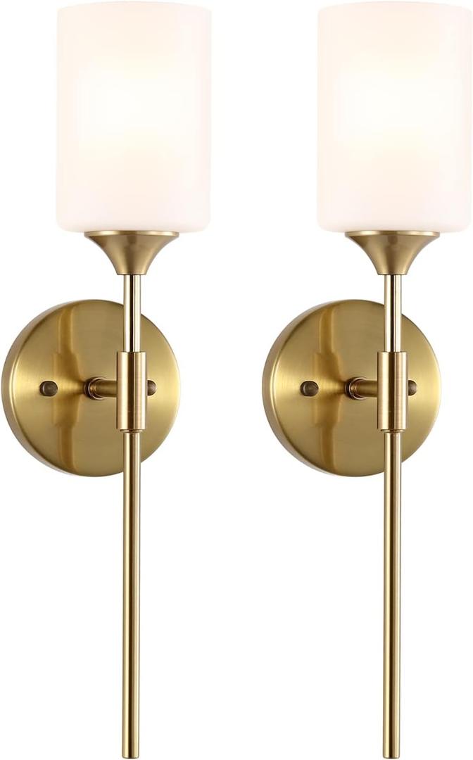 BYOLIIMA Gold Wall Sconce Set of 2 with White Cylinder Glass Shades Modern Mid Century Bathroom Vanity Wall Light Fixtures Industrial Brushed Brass Wall Lamp for Bedroom Mirror Living Room Restaurant
