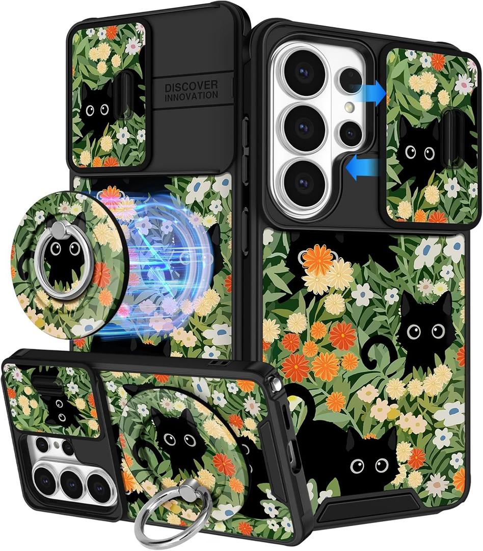 Buleens for Samsung Galaxy S26 Ultra Case - with Ring Stand & Camera Cover Aesthetic Cute Designed for Women Girls Girly Kawaii Cats Floral for Samsung S26 Ultra Phone Case Compatible with Magsafe