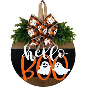 Halloween Welcome Sign Decorations, Halloween Wooden Door Hangers Wreath with Bow Halloween Ghost Welcome Sign Hanging Decor Wreath for Front Door Porch Window Wall