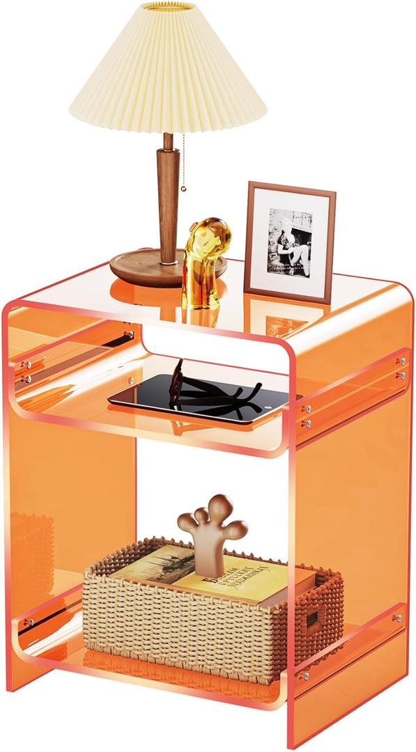 Acrylic End Table Record Player Table with Storage Shelf Clear Side Table Nightstand, Orange | Storage Shelf