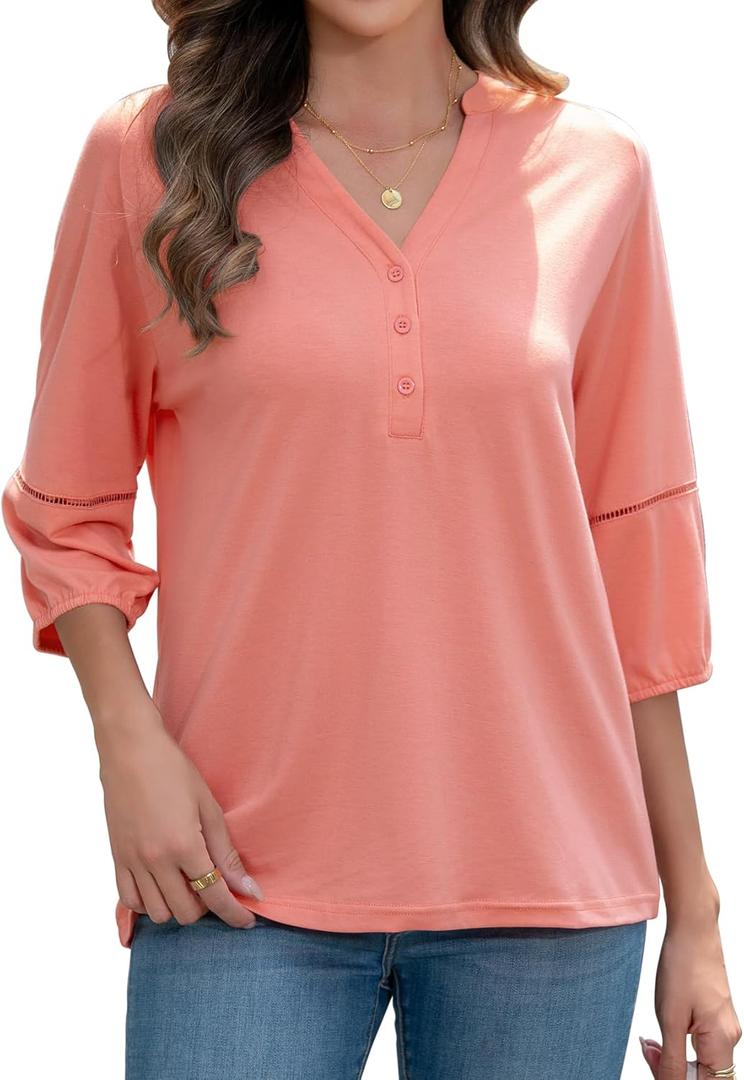 3/4 Length Sleeve Womens Tops Dressy Casual Blouses for Women 2025 Henley V Neck Shirts Loose Fit Tunic Tops (Pink, L)