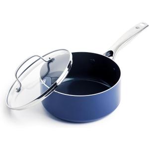 Blue Diamond Nonstick 2QT Saucepan with Lid, Non Toxic PFAS-Free Diamond Ceramic, Dishwasher & Oven Safe, Metal Utensil Safe Pot, Stay Cool Handle, Chef Pan, Glass Lid, Blue