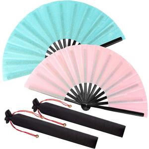 Maitys Large Clap Fans for Line Dancing Large Chinese Folding Hand Fans for Men and Women, Festival, Tai Ji, Kungfu, Martial Art, Gifts(Glitter Pink and Light Blue,2 Packs)