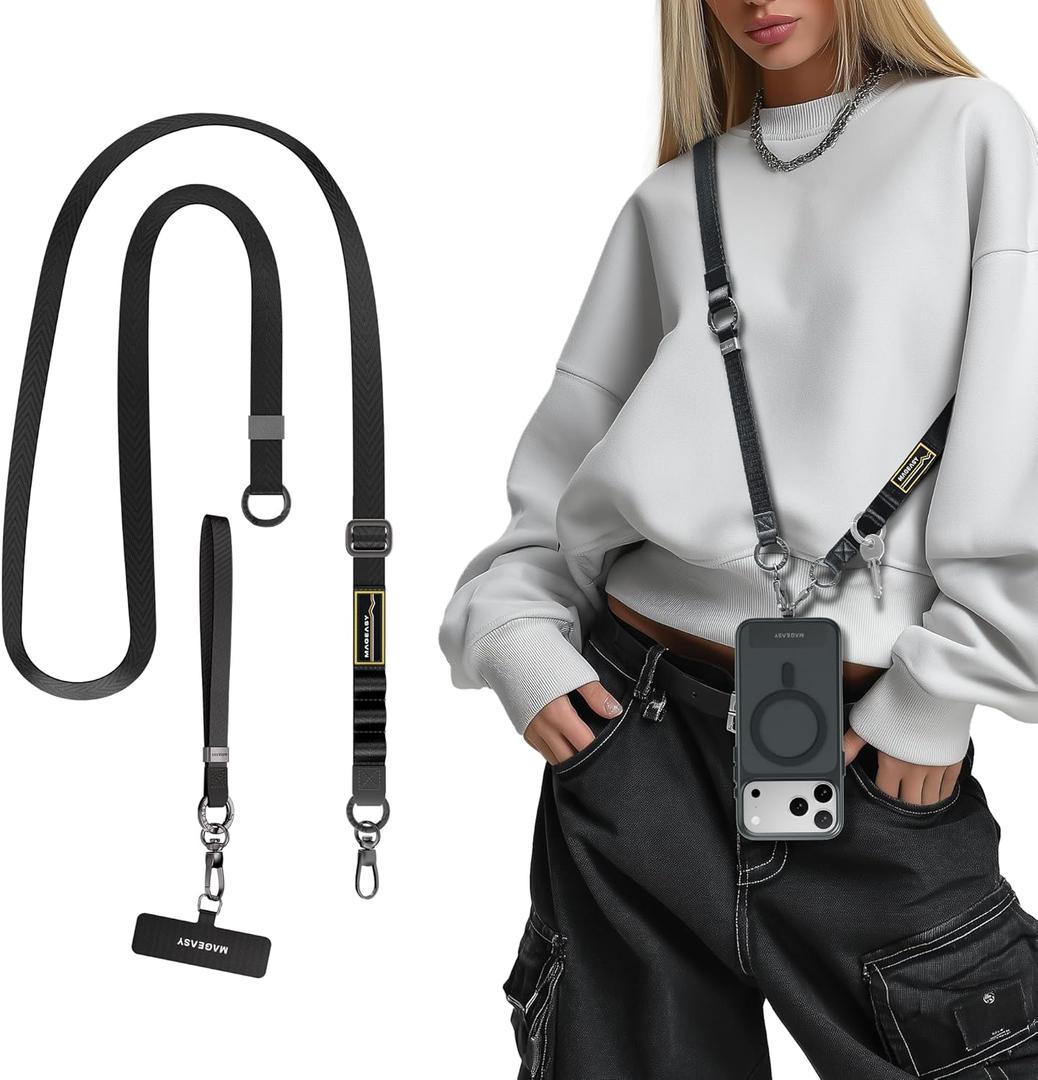 MAGEASY 2-in-1 Phone Lanyard Crossbody & Wristlet with Tether Tab & Belt Clip, Adjustable Phone Strap, Hands-Free Anti-Drop Travel Rave Accessories for iPhone & Android (Black)