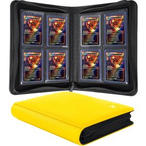 Top loader Binder, Holds 128+ Toploaders, 4 Pocket Top Loader Card Storage Case, Double-Sided Pockets for trading card in 3 x 4'' Toploaders (Yellow)
