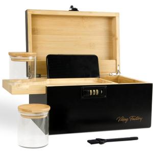 Large Bamboo Storage Box with Combination Lock - Decorative Keepsake Box with Removable Tray & Spice Crusher - Discreet Wood Organizer (10.6 x 7.1 x 5.5 in)(Black)