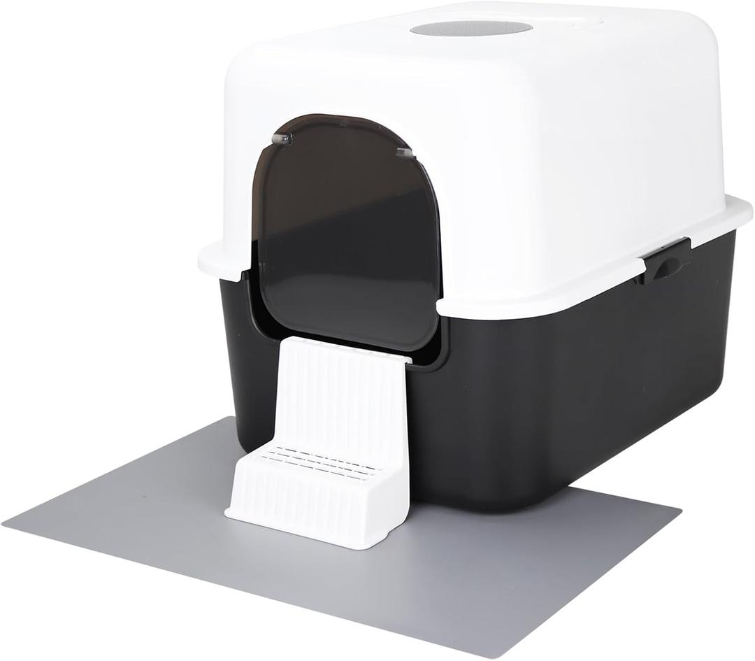 Cat Litter Box with Lid, Fully Enclosed Splash-Proof and Leak-Proof Urine High Edge and Odorless Cat Litter Box, Easy to Installation and Clean (Black with Pedal(S))