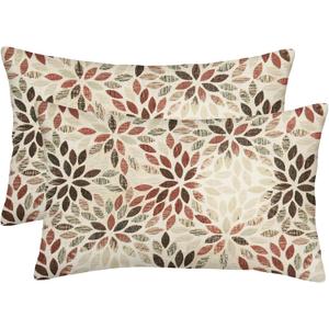 Burgundy Red Brown Pillow Covers 12x20 Inch Set of 2 Summer Rust Geometric Flower Outdoor Decorative Throw Pillows Farmhouse Dahlia Pillow Case Linen Lumbar Cushion Cover for Home Sofa Bedroom