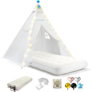 Teepee Tent for Kids with Inflatable Airbed, String Lights, Balloons, Pump, Washable Slumber Party Tent with Size 65"x51"x71", Playhouse Tent for Playtime and Sleepover (White)