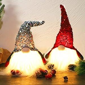 Juegoal 12" Lighted Christmas Gnome, Handmade Sequins Hat Scandinavian Swedish Tomte, Light Up Elf Toy Holiday Present, Battery Operated Winter Tabletop Christmas Decorations, 2 Set