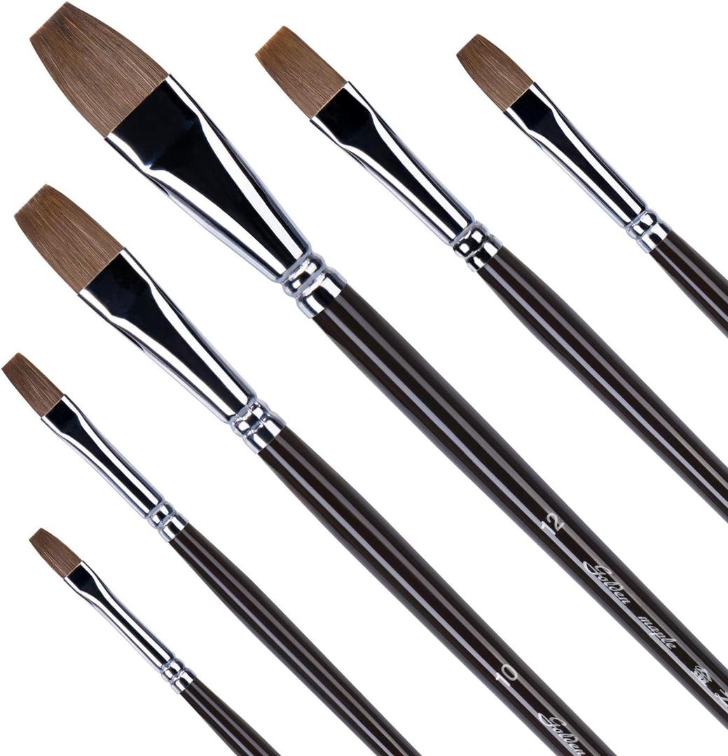 Golden Maple Red Sable Paint Brushes Flat Set of 6 Long Handle Paint Brushes in Assorted Sizes for Watercolor and Acrylics for Students and Professionals