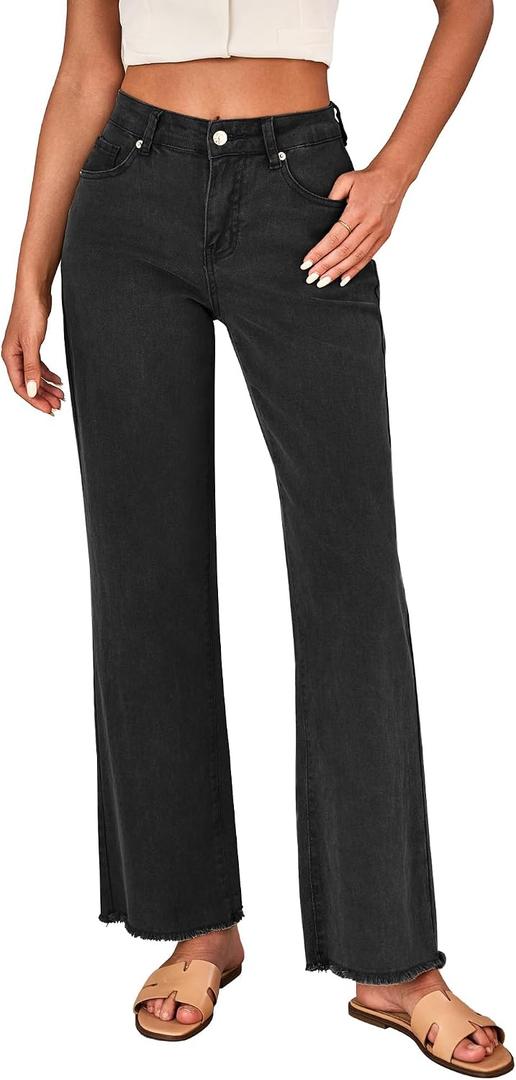 LookbookStore Wide Leg Jeans for Women Trendy High Waisted Straight Leg Frayed Hem Baggy Stretchy Denim Trousers Pants, 2XL 