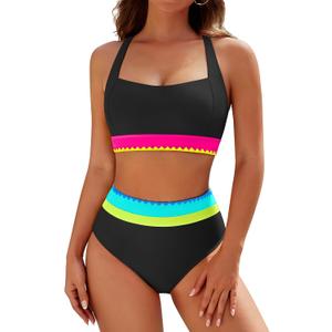 Blooming Jelly Womens High Waisted Bikini Sets Tummy Control Modest Two Piece Swimsuit Retro Sporty Color Block Bathing Suit (Medium, Black)