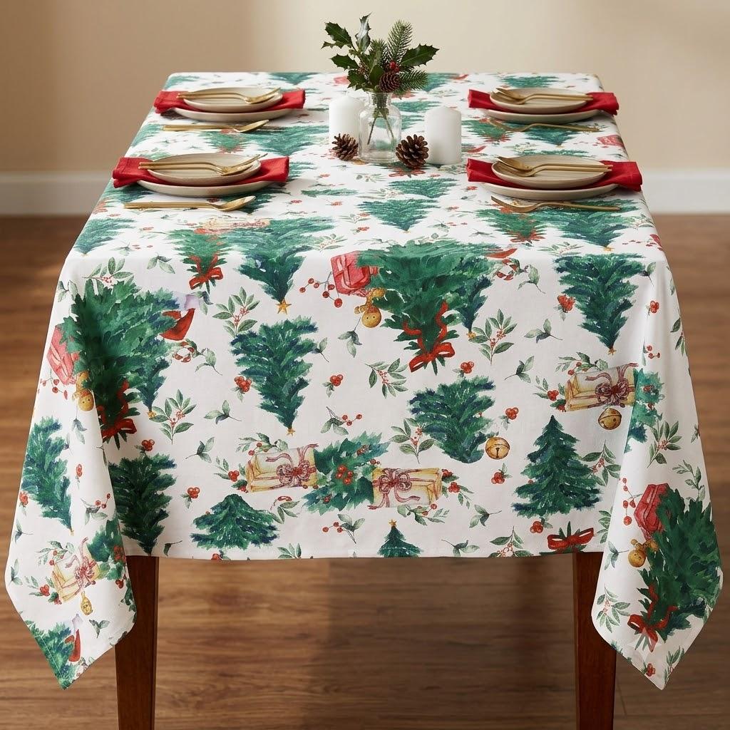 Romanstile Christmas Vinyl Tablecloth Rectangle,100% Waterproof Heavy Duty Oil Spill Proof Stain Resistant Plastic PU Table Cover with Flannel Backing for Kitchen, Dining (80x60in)