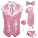 DiBanGu Mens Sequins Vest and Tie Set Solid V-Neck Shiny Dress Waistcoat Bowtie with pocket square for Prom Party Tuxedo, Pink, 3X-Large