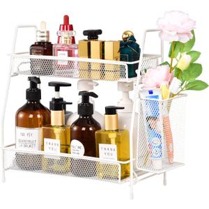 LEMIKKLE Countertop organizer for bathroom counter, bathroom organizers and storage, spice rack organizer for kitchen counter shelf with small basket(White) (White (Size: 7" x 12" x 13"))