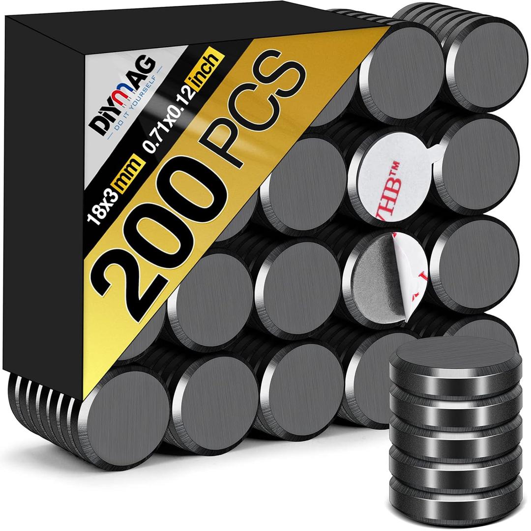 DIYMAG Strong Magnets 200Pcs 0.71x0.12Inch Fridge Refrigerator Magnet for Crafts with Adhesive Backing Magnetic Small Black Button Ceramic Circle Craft Round Heavy Duty Adhesive Neodymium Whiteboard (18x3mm)