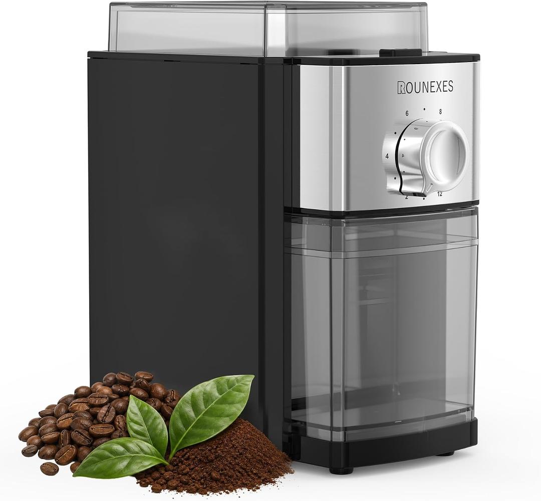 Automatic Burr Coffee Grinder - Flat Burr Coffee Beans Grinder with 17 Adjustable Settings for Espresso & French Press, Compact Electric Grinder with 7oz Large Hopper, Removable Burr, Black