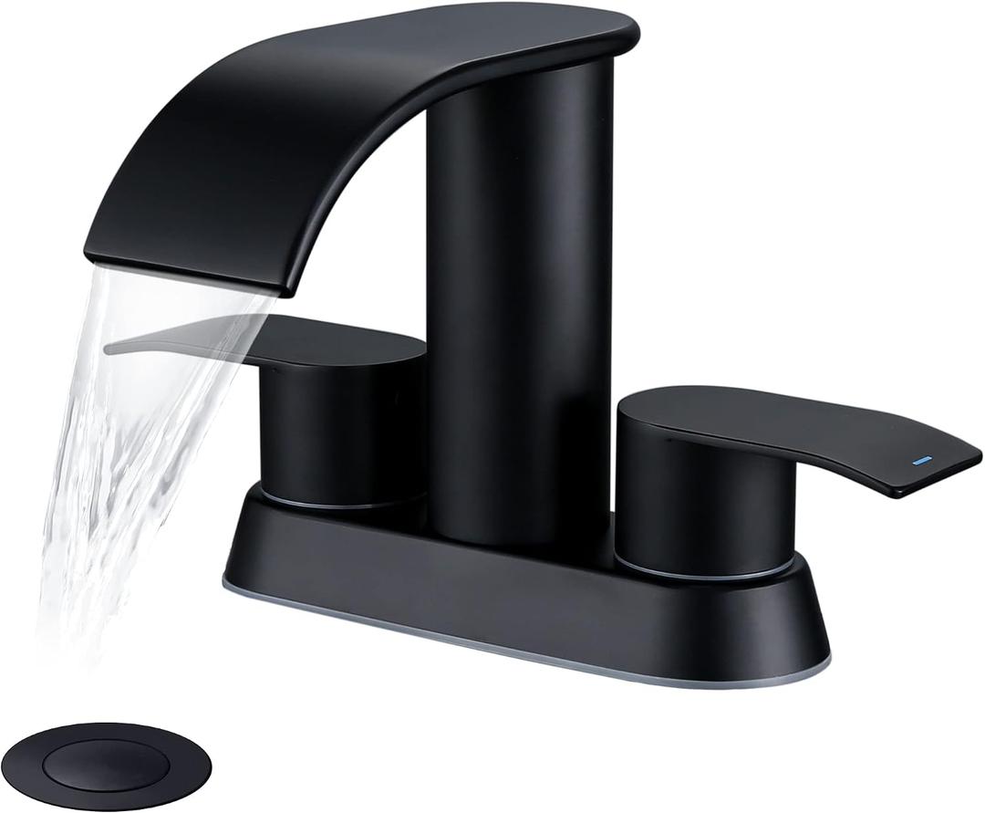 Ultimate Unicorn Waterfall Bathroom Sink Faucet Matte Black, Two Handles Bathroom Faucet with Metal Pop up Sink Drain Stopper, 2 or 3 Holes Bathroom Basin Lavatory Tap with Deck Mount Plate
