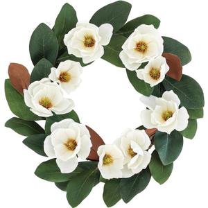 All Seasons Wreath for Front Door w/Silk Cream Magnolia, 20-22 Inch Year Round Outdoor Spring Summer Wreath Farmhouse Indoor Decor, Flower Wreath for Wedding Home Wall Window Porch, White