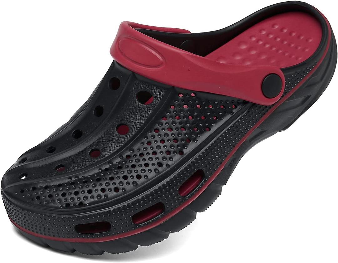ChayChax Men's and Women's Arch Support Clogs Garden Shoes Slip-on Outdoor Beach Slippers with Removable Cushion Footbed (11-11.5 Women/9.5-10 Men, Black/Red)
