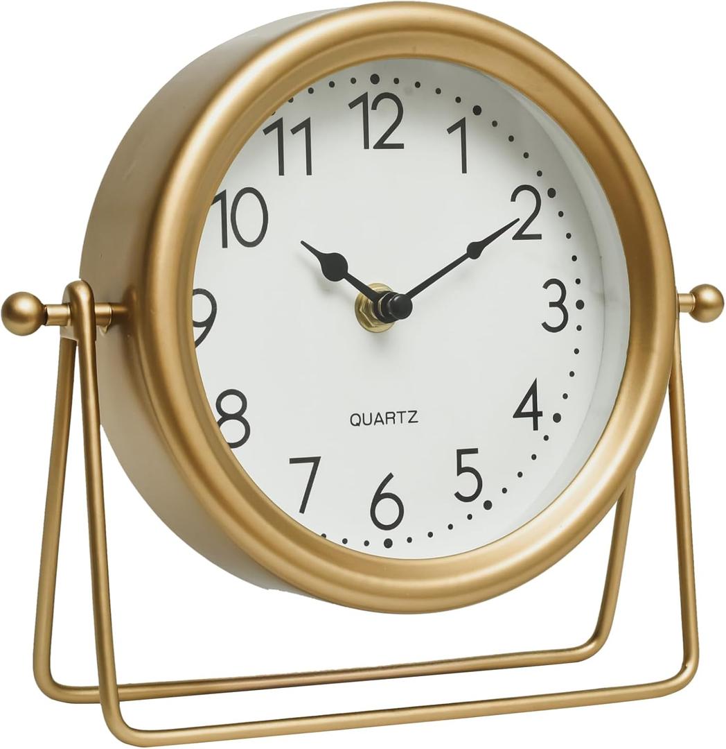 MACVAD Vintage Golden Table Clock - Elegant Battery Operated Office, Living Room, and Bedroom Clock with Minimalist Design - 22x19.5x5.5cm
